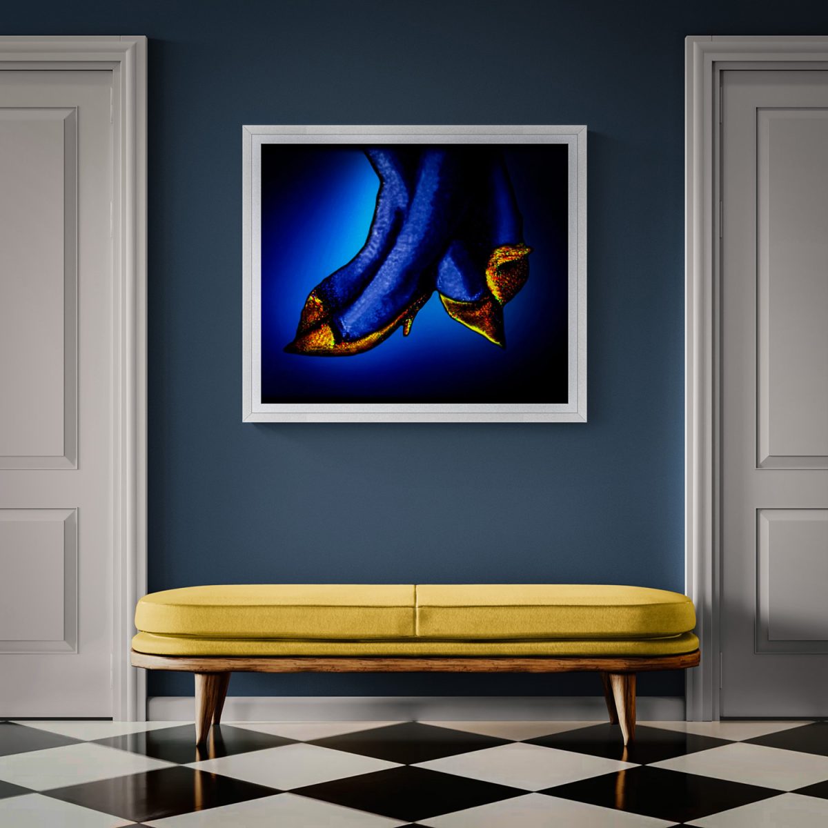 Colorful photography of blue shoes with yellow heels in a gallery setting.