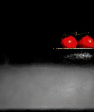 Red tomatoes on a dark background, highlighting vibrant color and realistic detail.