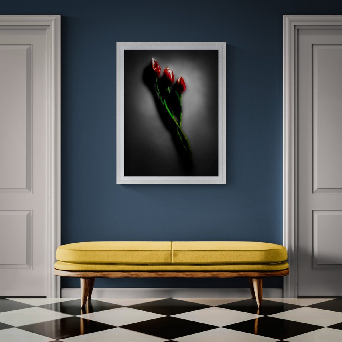 Red roses on a dark background with a white frame.