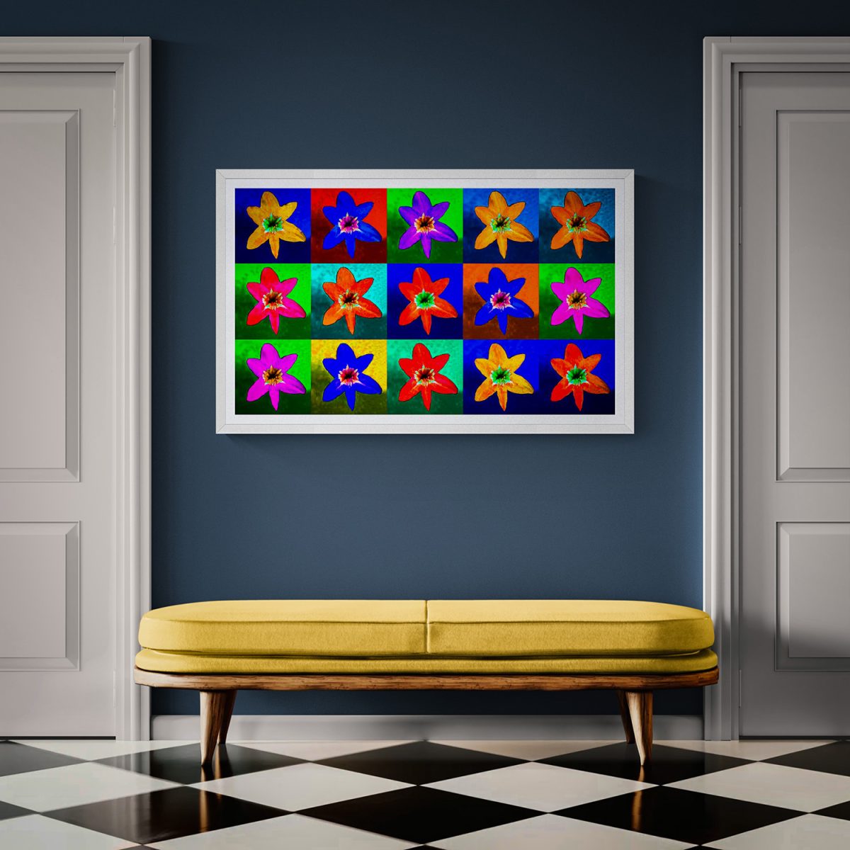 Colorful pop art floral photograph on a blue wall.