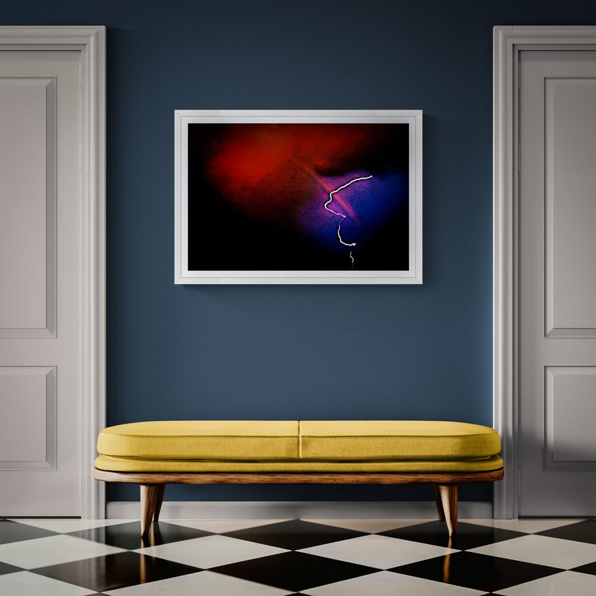 Abstract lightning storm with red and blue hues in a modern gallery setting.