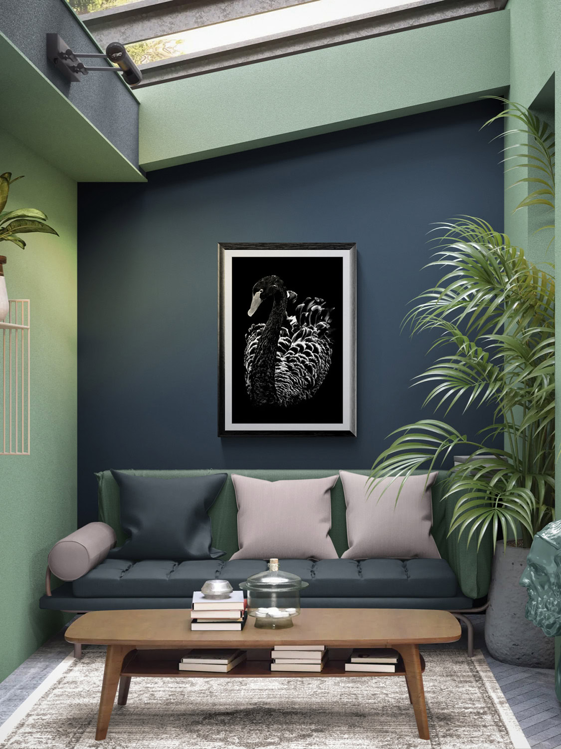Swan portrait from The Doug Heslep Fine Art Collection, displayed in a modern interior setting.