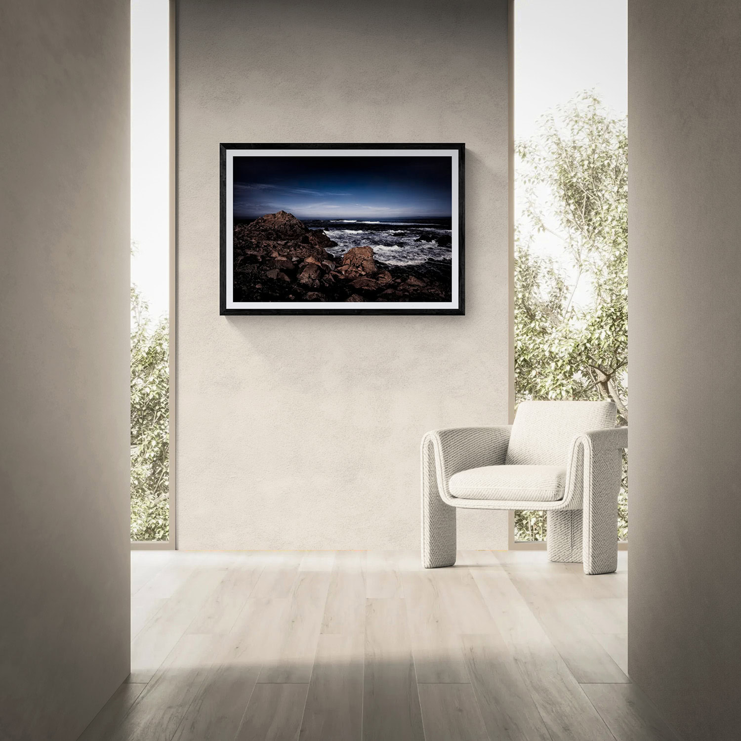 Seascape photograph displayed on wall in modern interior setting.