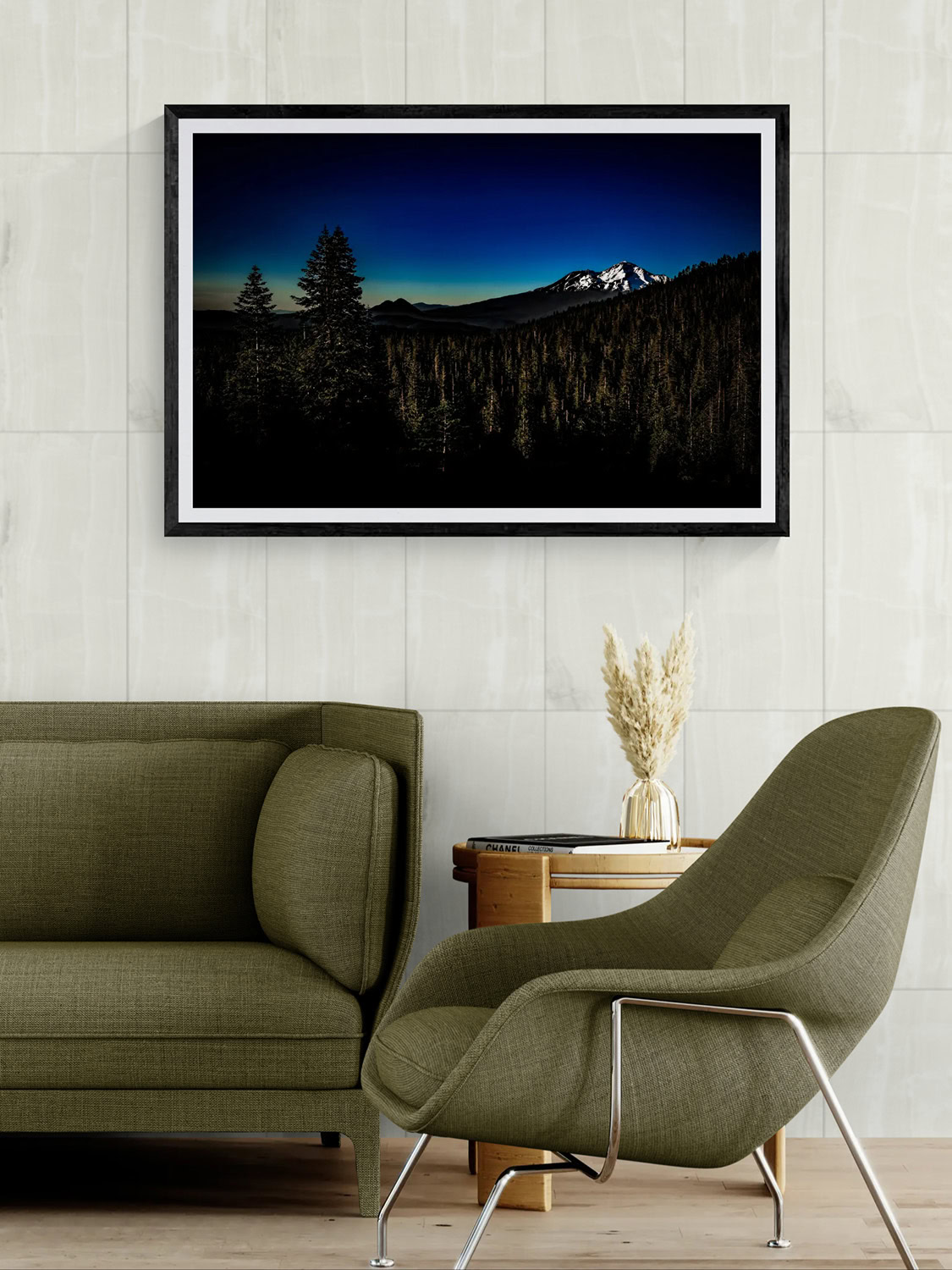 Night landscape painting of mountain and forest scene at dusk.