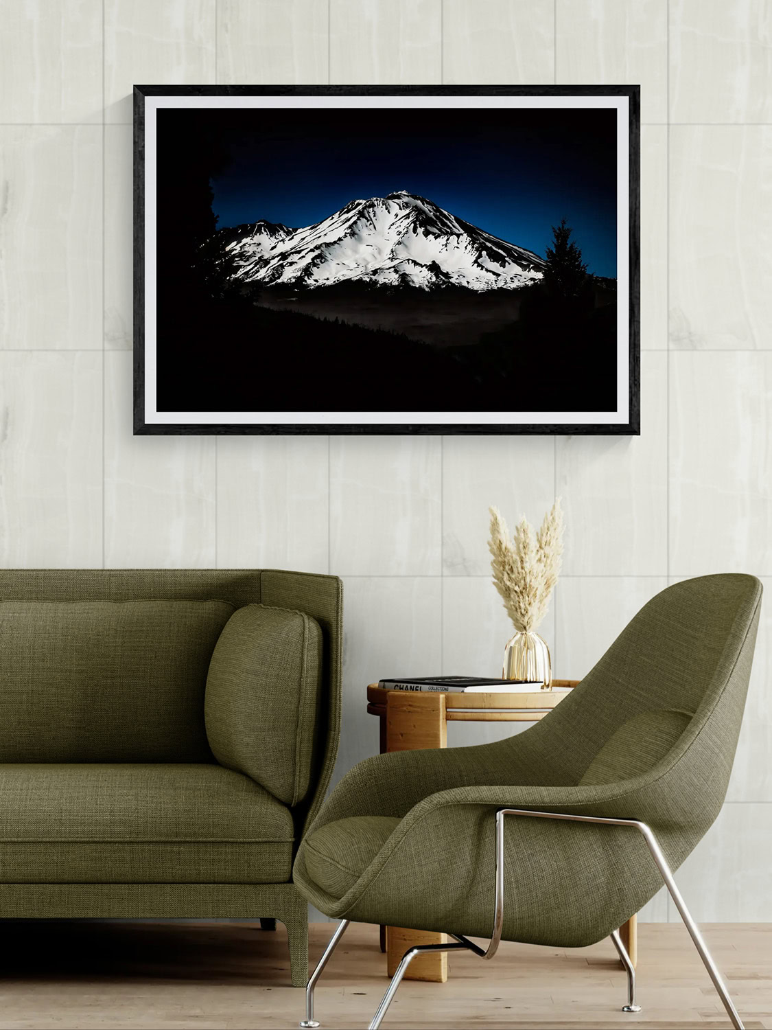 Snow-capped mountain landscape painting by Doug Heslep, modern art decor.