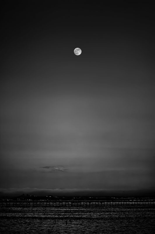 Moon over water landscape, black and white photography, The Doug Heslep Fine Art Collection.