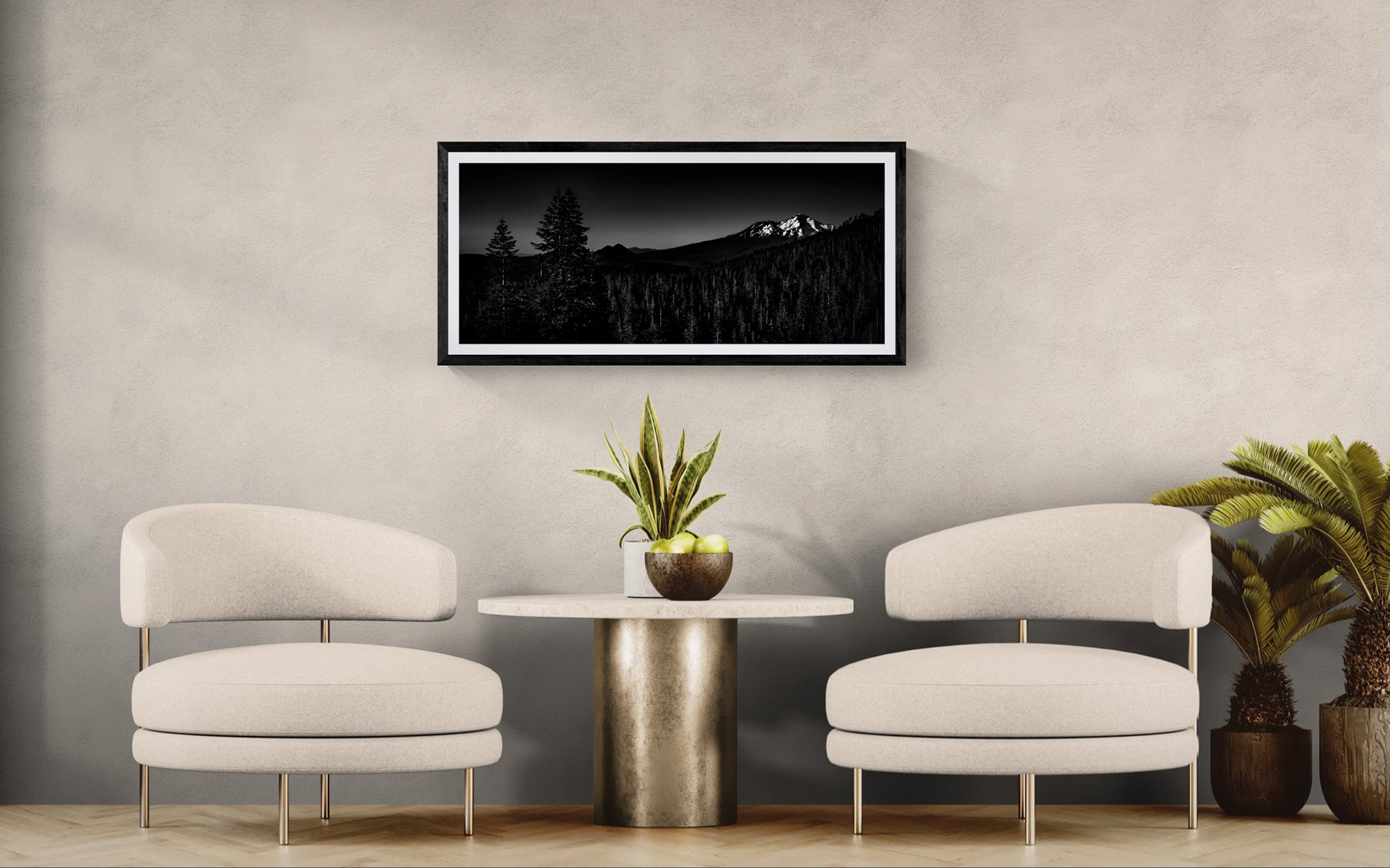 Elegant modern interior with artwork by Doug Heslep, featuring a black and white landscape photograp.