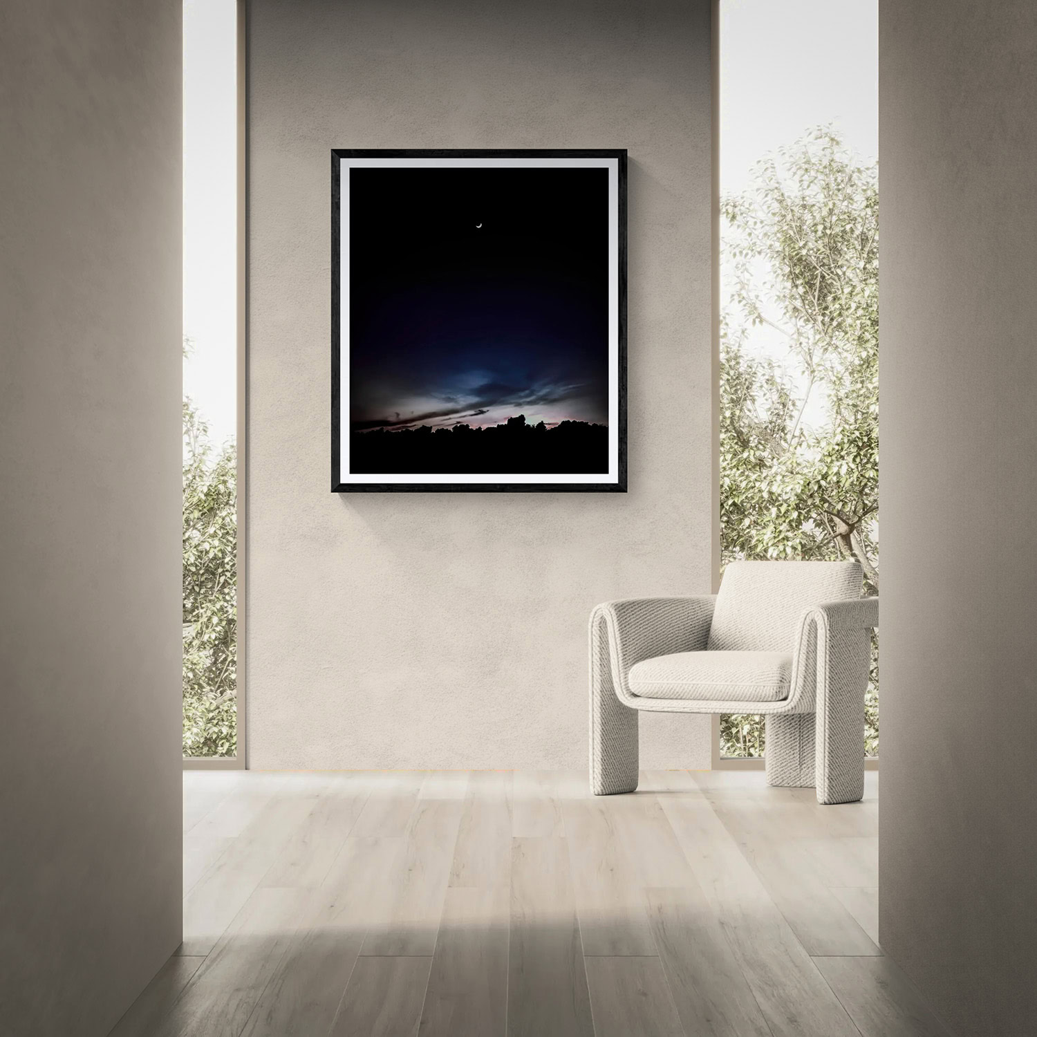 Night sky landscape artwork displayed in modern gallery setting, part of The Doug Heslep Fine Art Co.