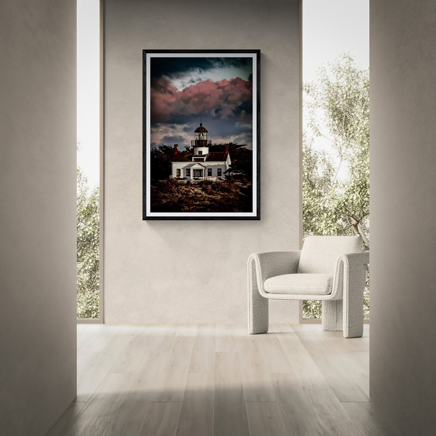 Beautiful lighthouse landscape painting, modern art decor, coastal scene, framed wall art.