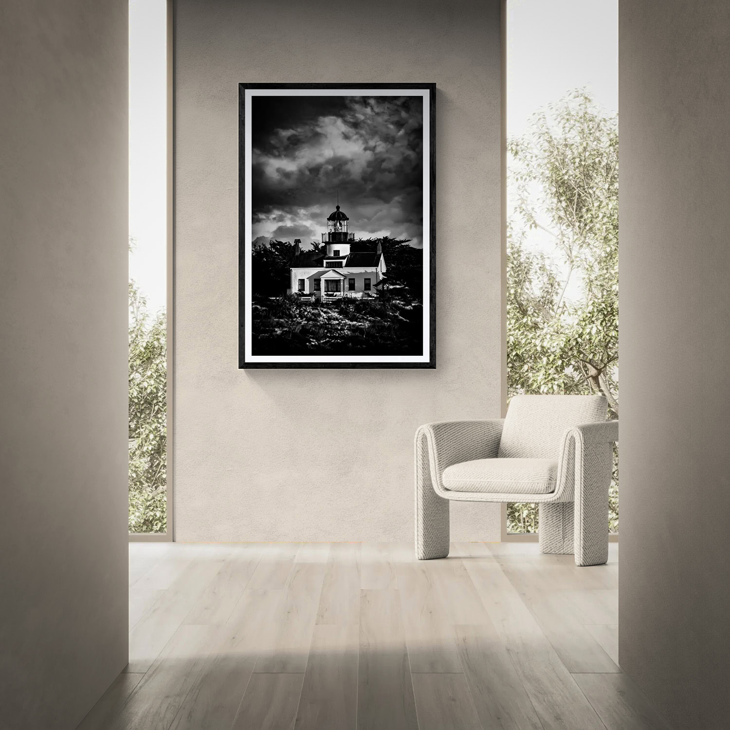 Black and white lighthouse artwork from The Doug Heslep Fine Art Collection.