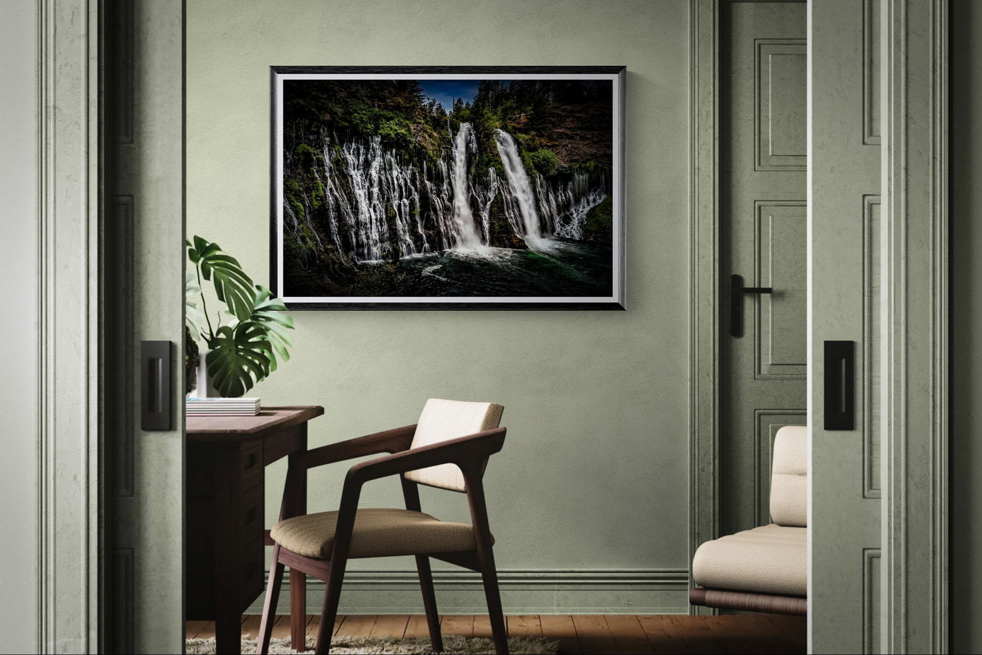 Beautiful waterfall landscape painting displayed in a modern interior setting.