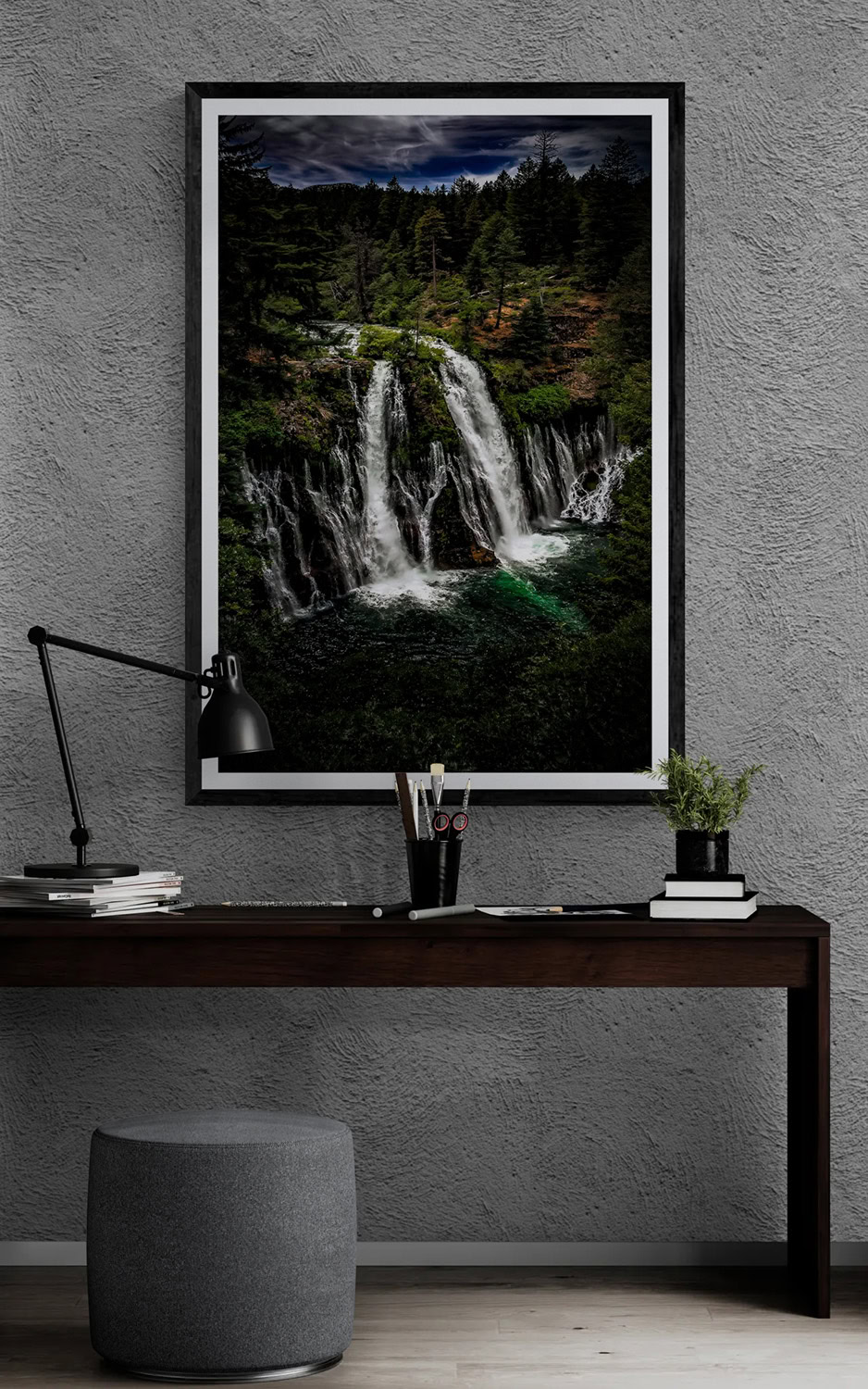 Waterfall Landscape photography by Doug Heslep, showcasing lush forest and cascading waterfalls.