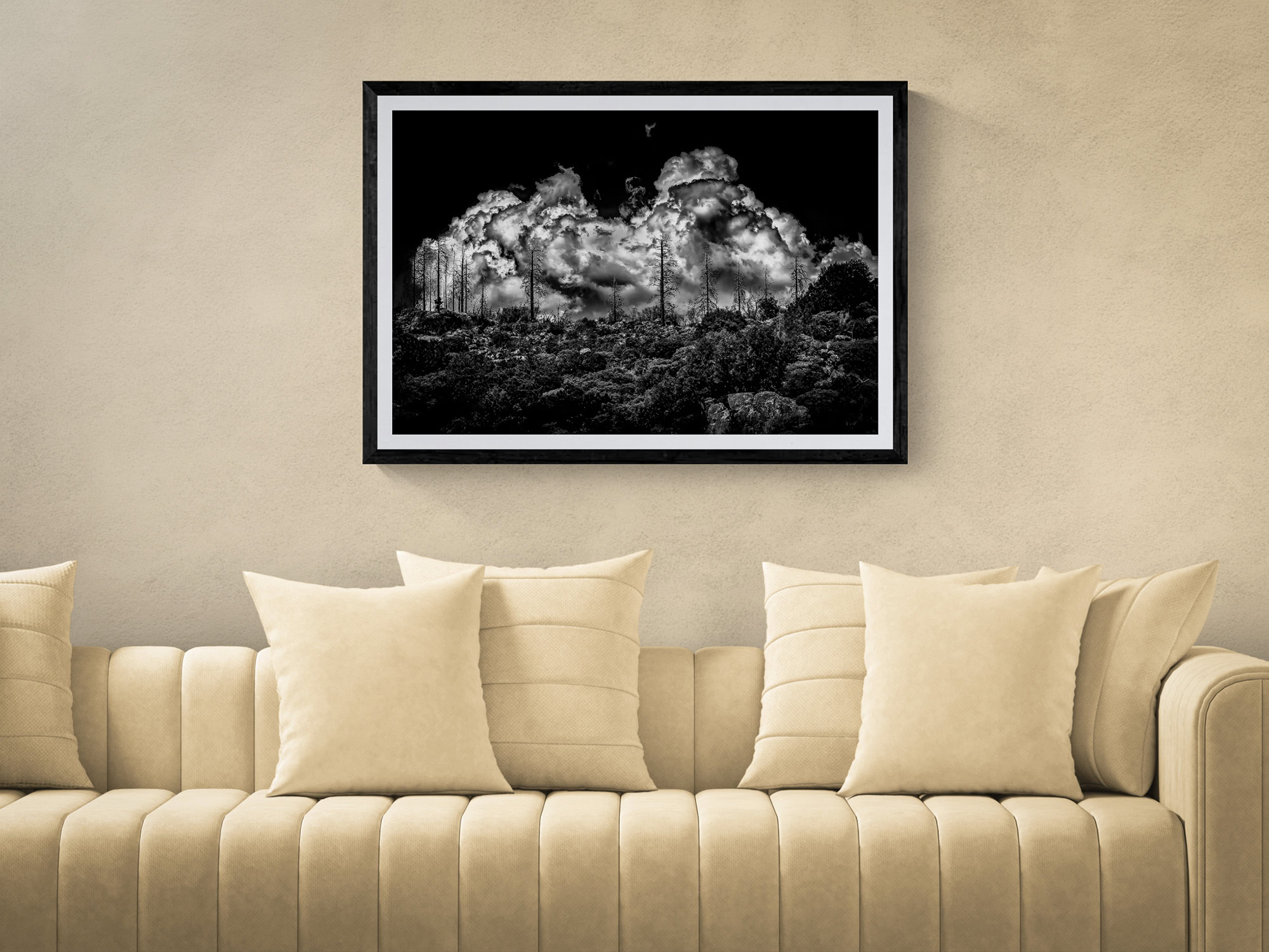 Black and white landscape artwork of stormy clouds over trees.