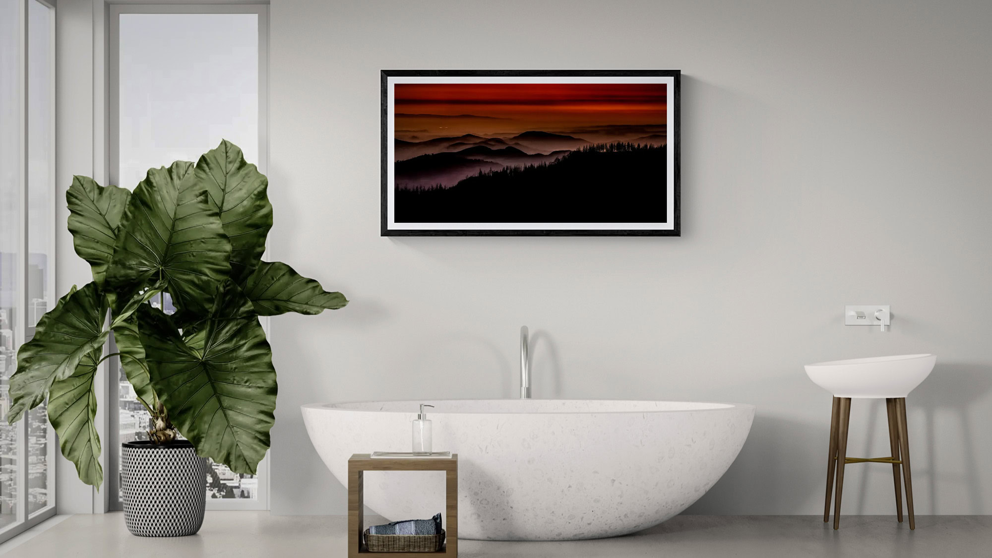 Modern bathroom with bathtub and landscape sunset painting.