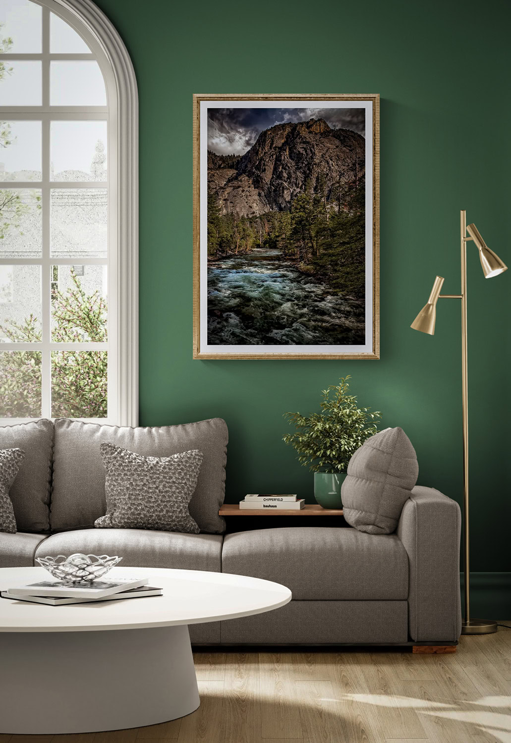 Landscape painting of mountains and river from The Doug Heslep Fine Art Collection.