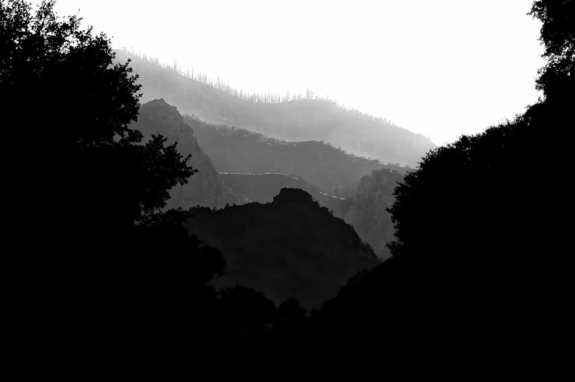 A multi-tonal cascading view of hills reaching towards the horizon