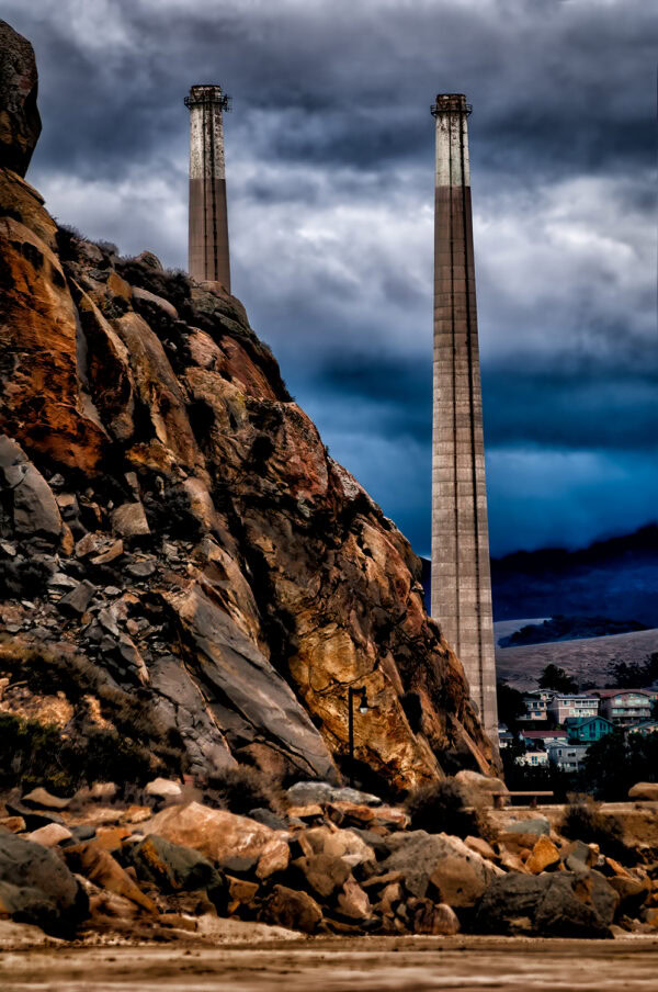 Morro Rock and two of the three stacks from the shuttered power plant