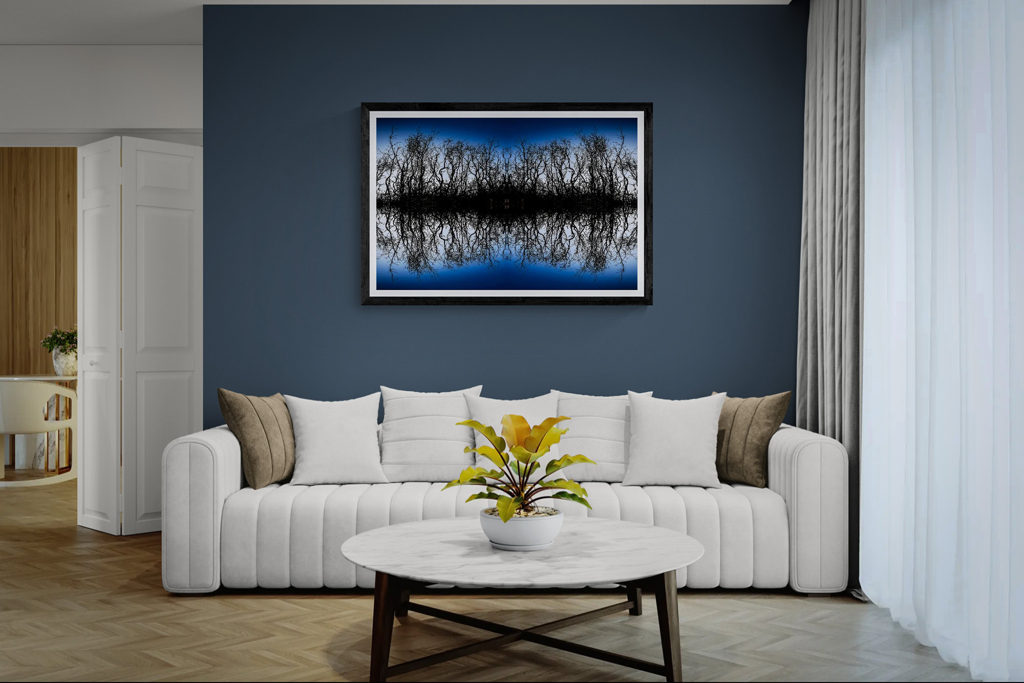 Beautiful landscape painting reflecting nature's tranquility in a modern living room.