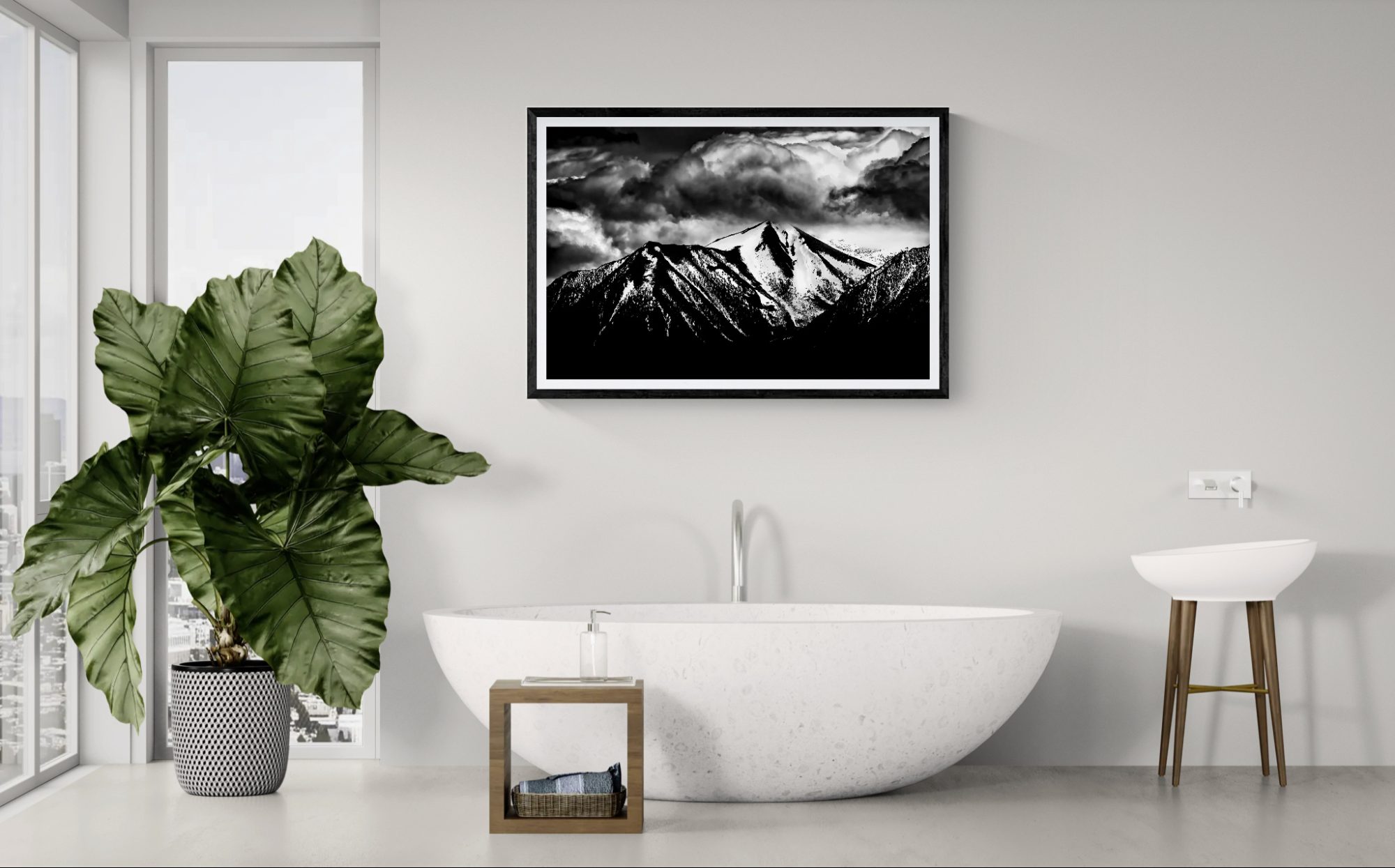 Black and white mountain landscape artwork for modern interior decor.