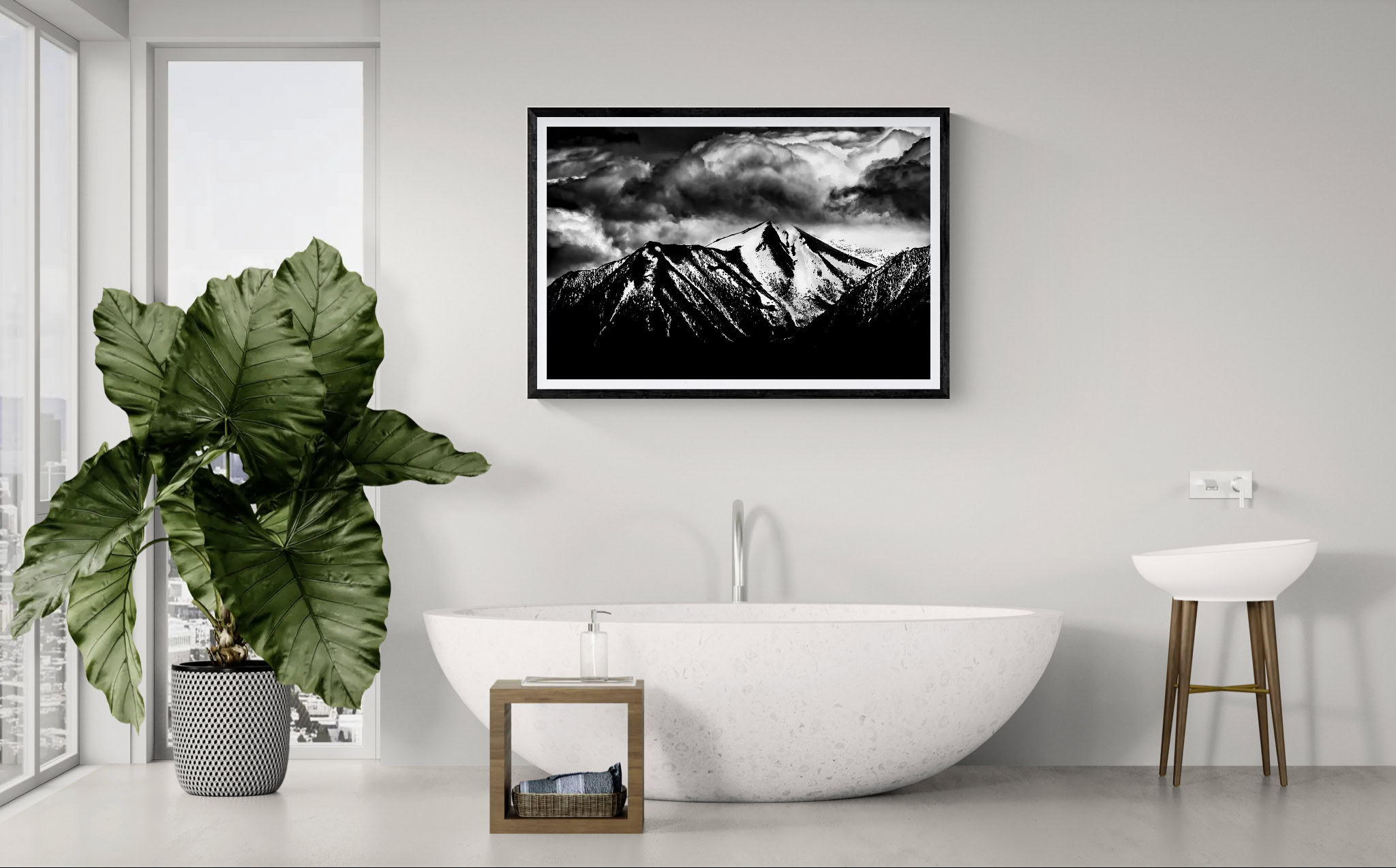 Black and white mountain landscape artwork for modern interior decor.