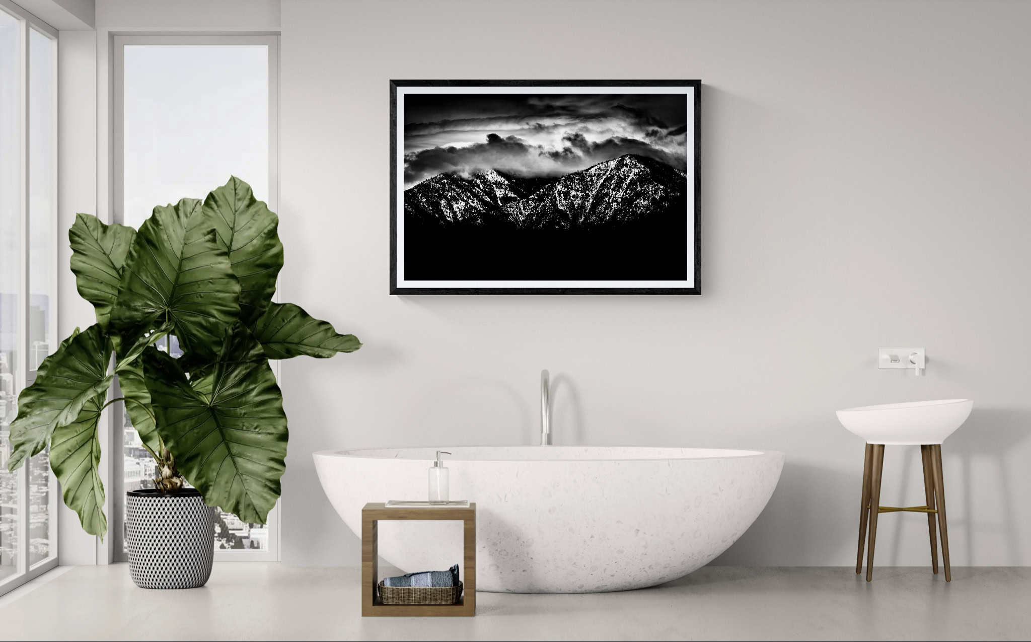 Black and white mountain landscape art for modern interior decor.