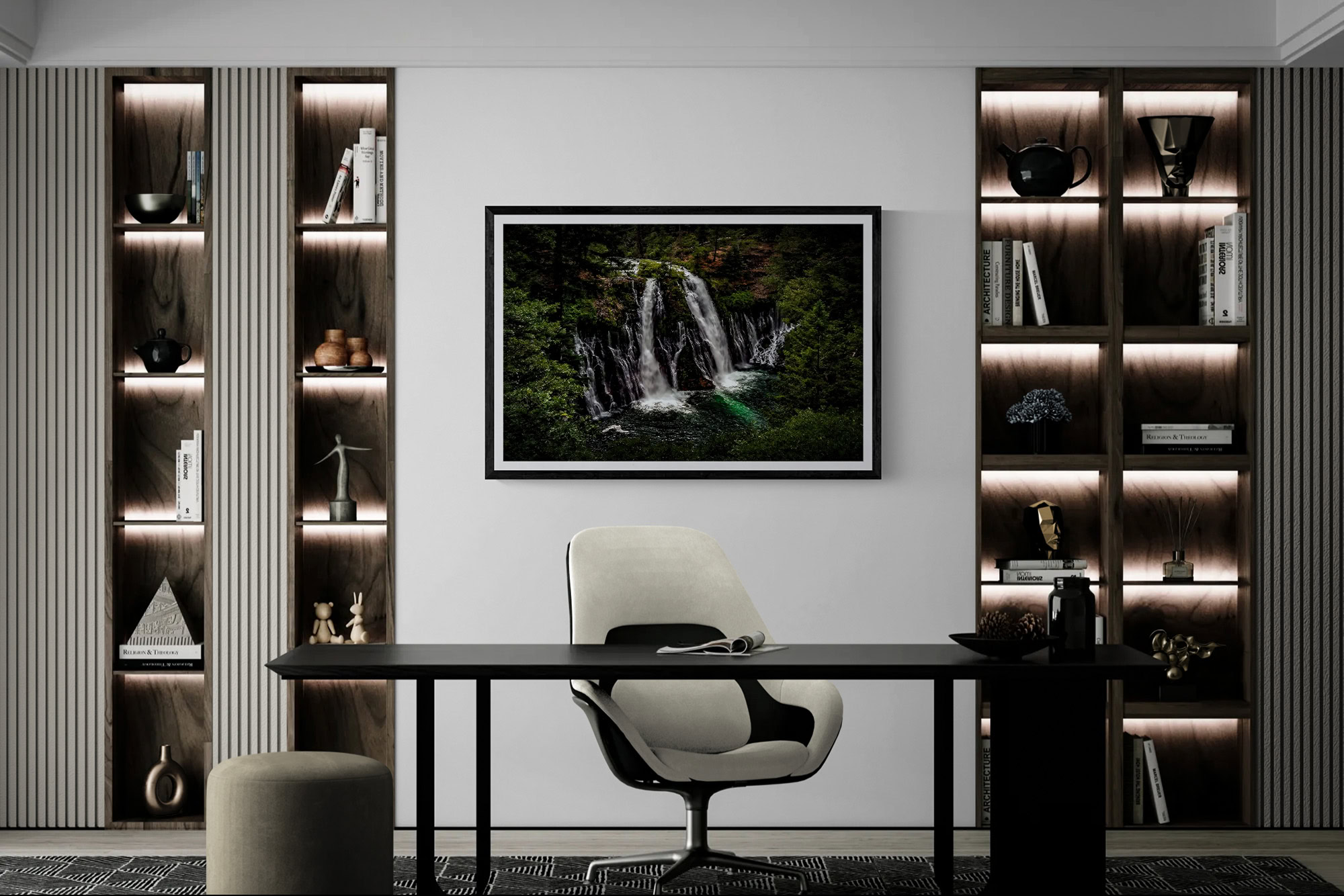 Waterfall landscape art in a contemporary office setting.