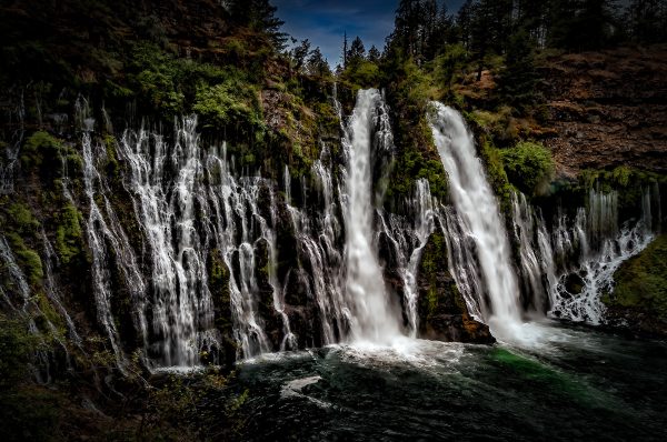 A full view of Burney Falls from halfway down the descending trail.