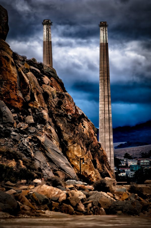 Morro Rock and two of the three stacks from the shuttered power plant