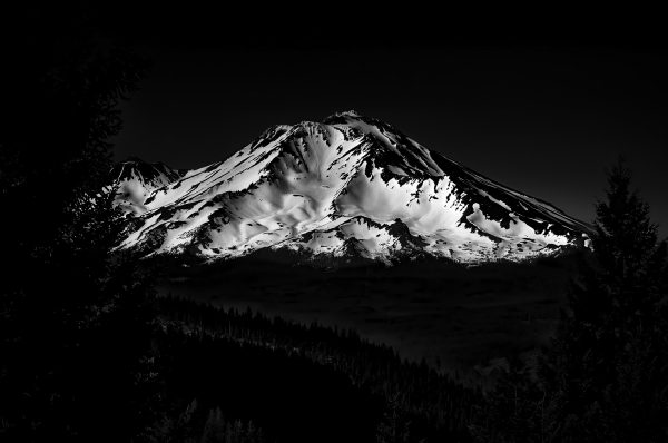 A snow covered Mount Shasta in B&W