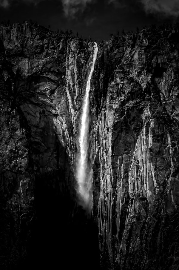 The wind blown flow of Ribbon Fall in Yosemite National Park