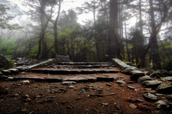 A hand-crafted stone bridge on a misty morning.