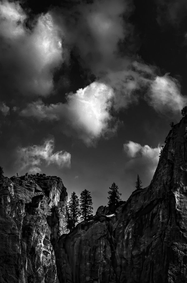 Trees with puffy clouds on the ridgeline in Yosemite Valley.