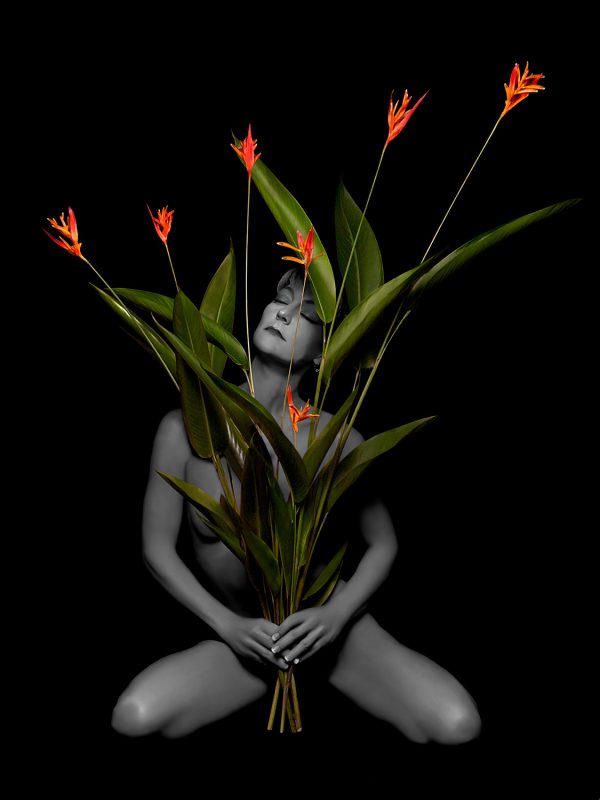 A naked woman on her knees holding a bunch of long stem flowers.