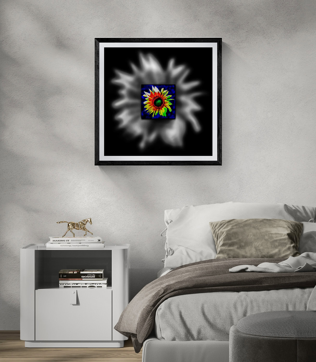 Colorful sunflower abstract art in black and white frame.