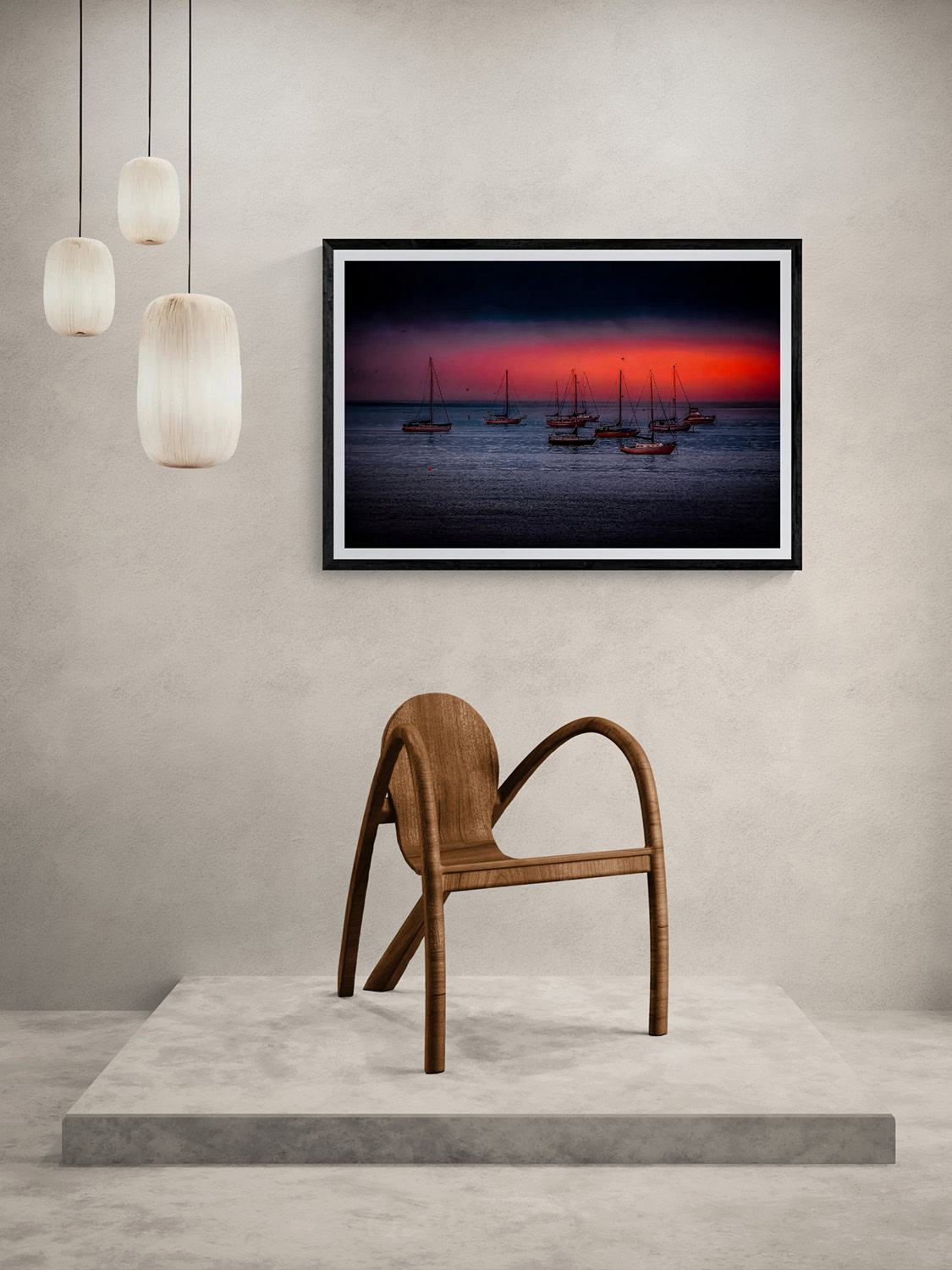 Sunset over boats photograph by Doug Heslep, vibrant colors, modern art piece.