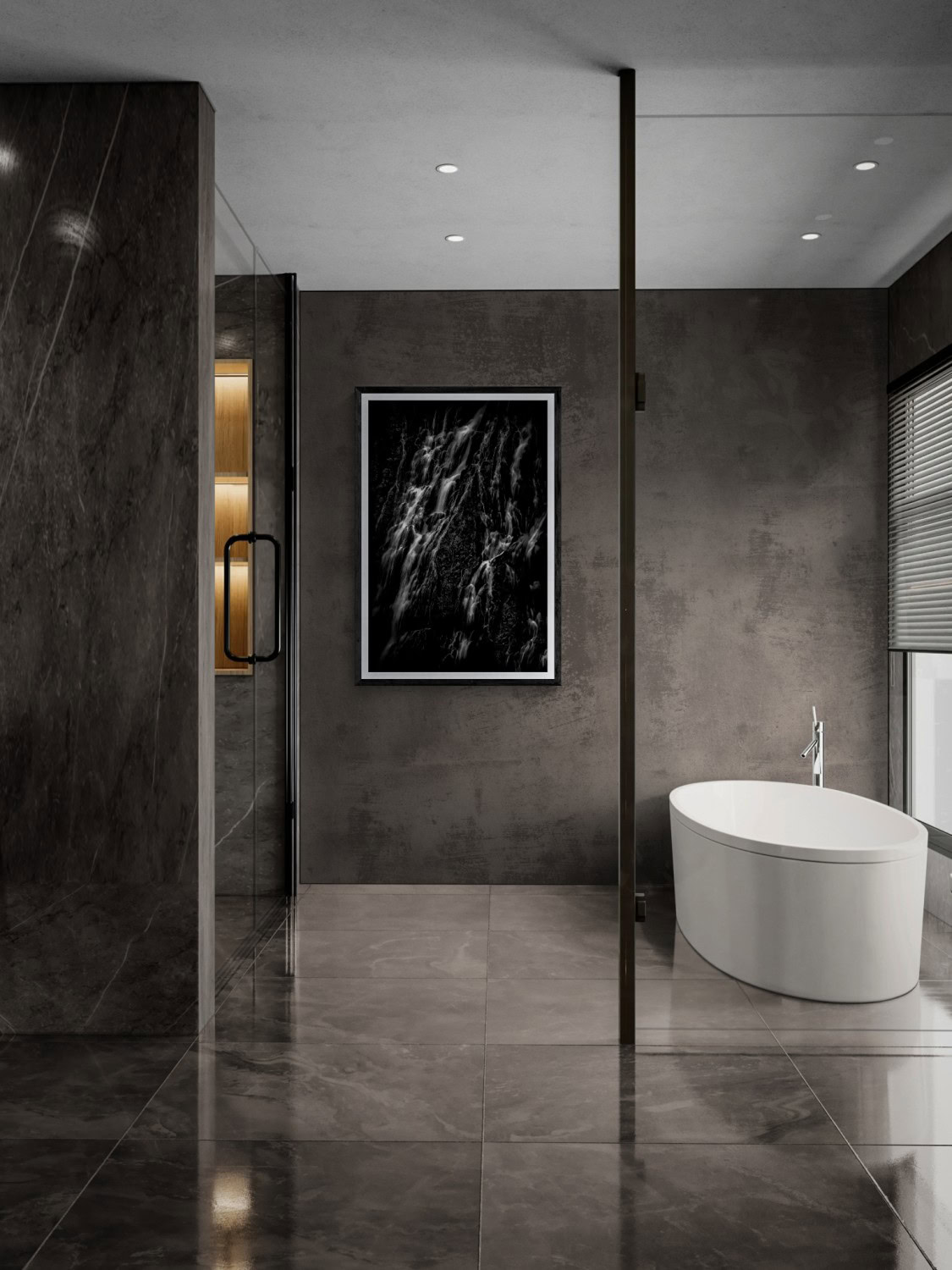Elegant bathroom featuring a black and white abstract painting on a dark gray wall.