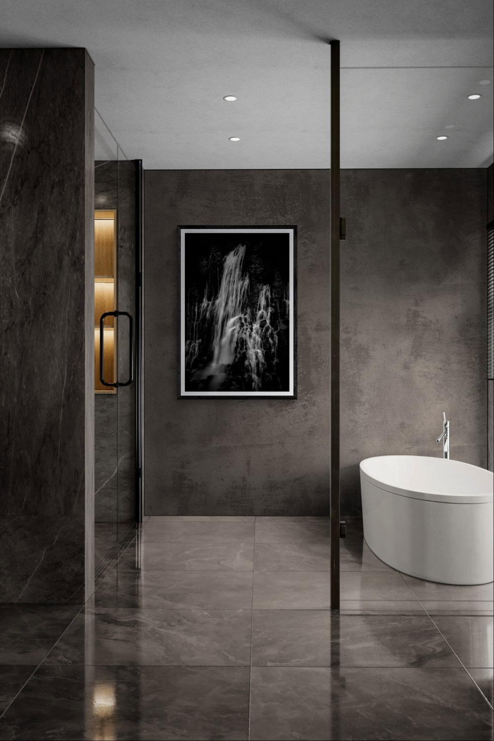 Waterfall artwork in modern bathroom with freestanding bathtub and sleek concrete walls.