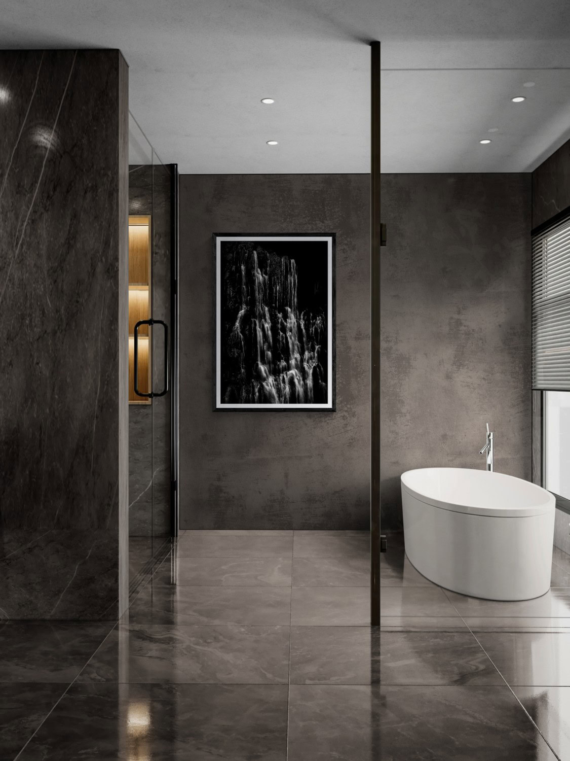 Waterfall artwork in contemporary bathroom setting.