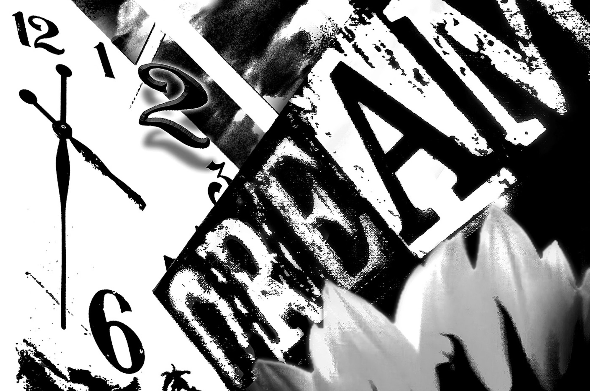 Dark forest with tall trees and Upper Yosemite Falls, in black and white landscape artwork.