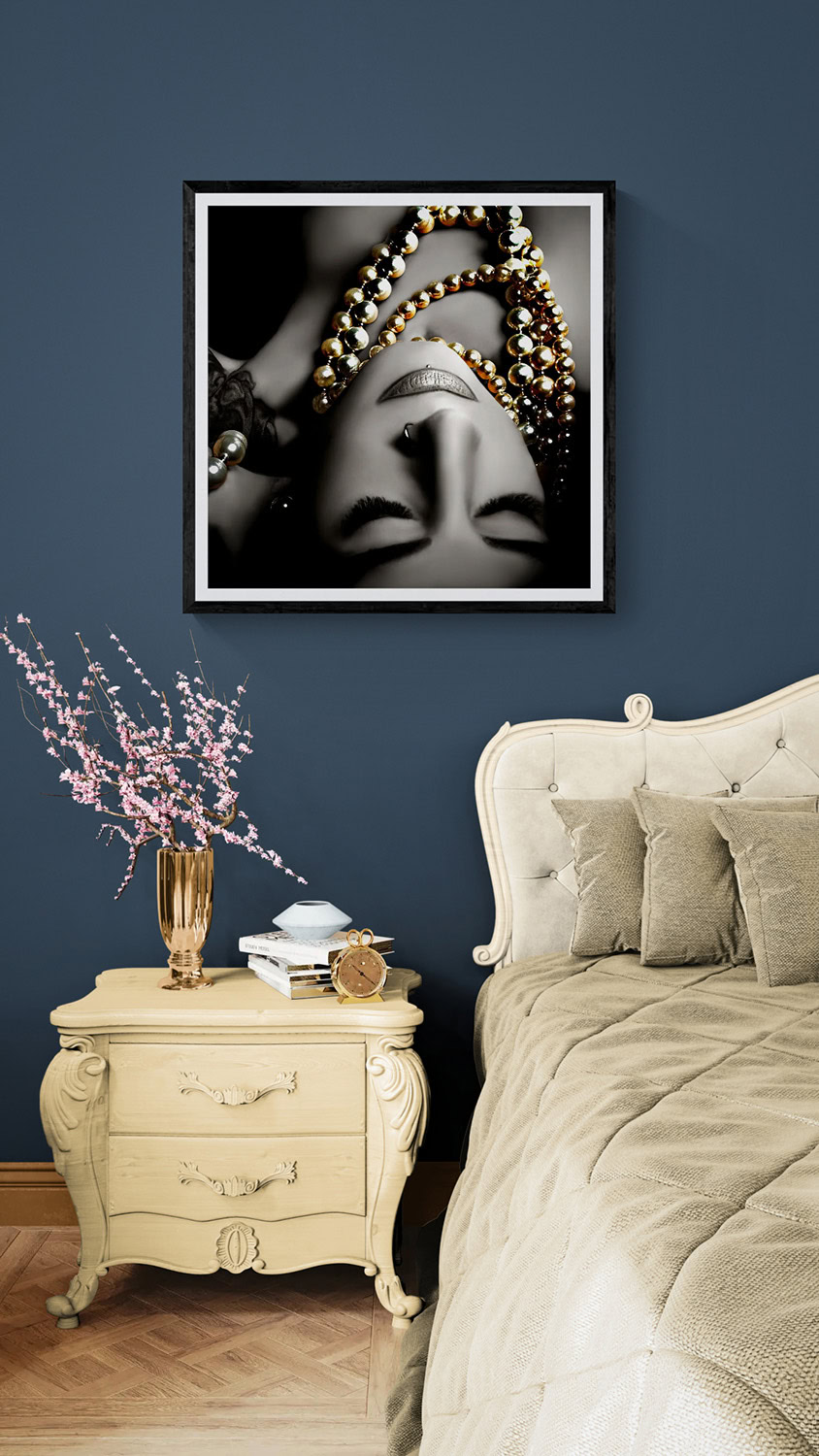 Black and white portrait of a woman with jewelry, in a modern art style.