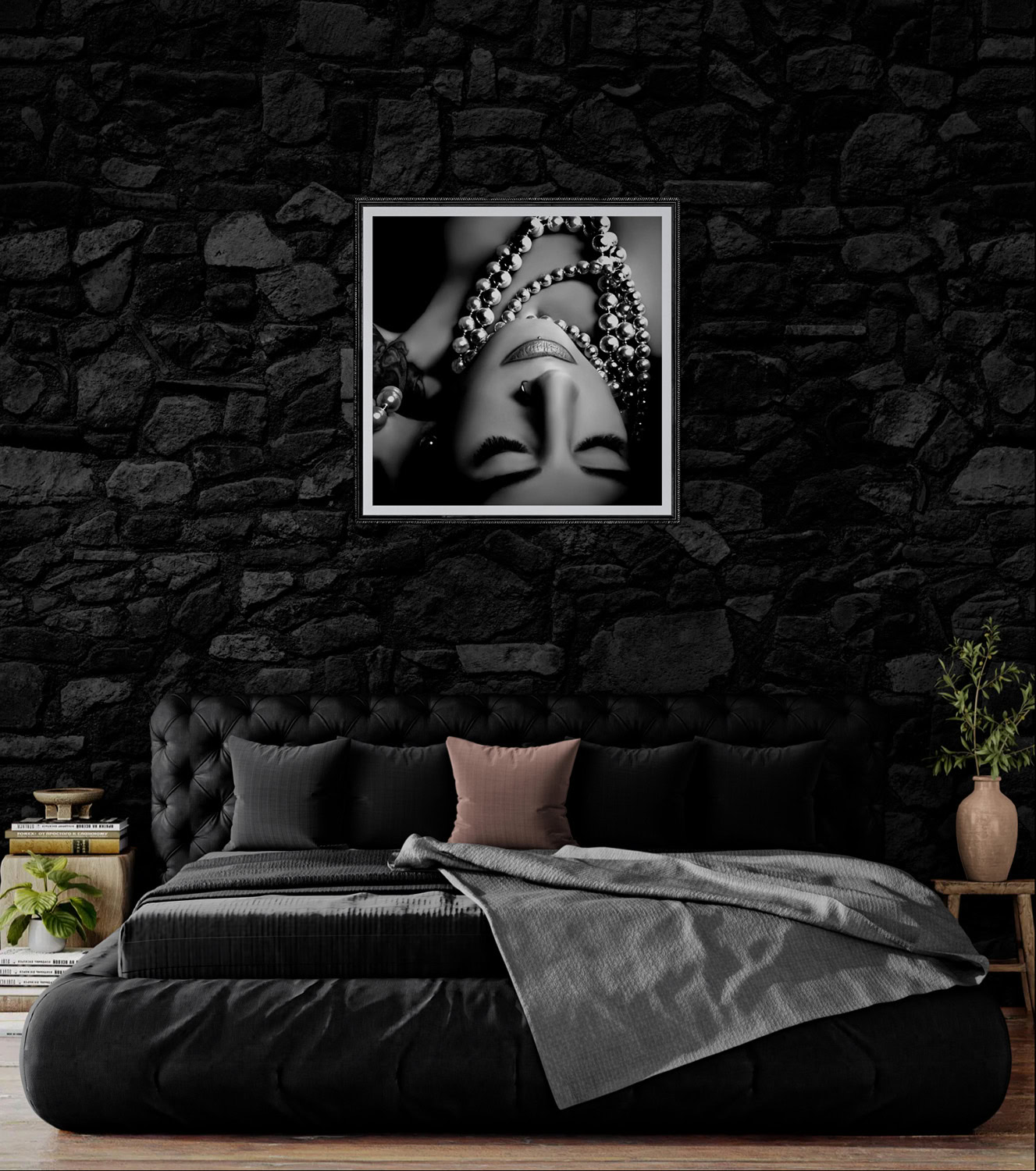 Elegant black and white portrait of a woman with jewelry, displayed in a modern bedroom setting.