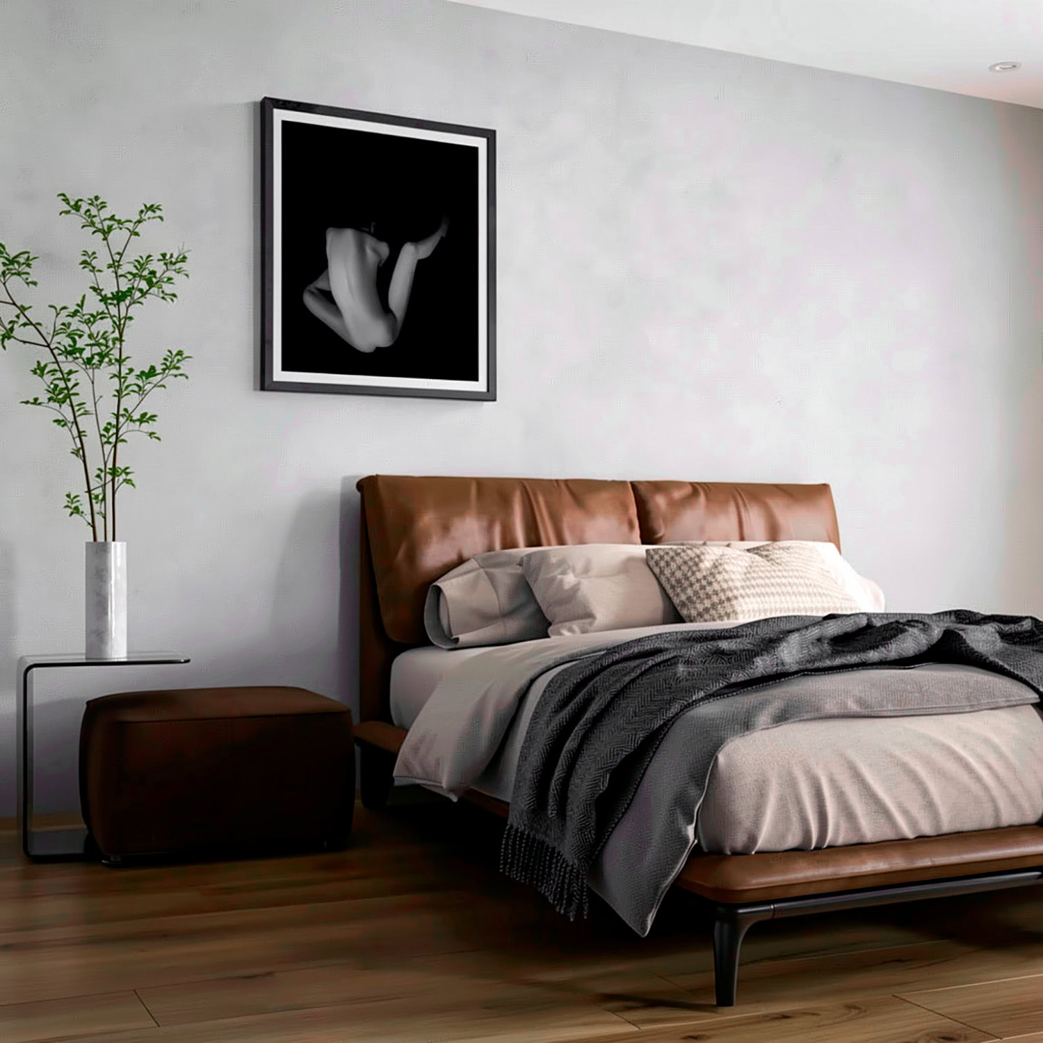 Black and white abstract nude photograph in a modern bedroom setting.