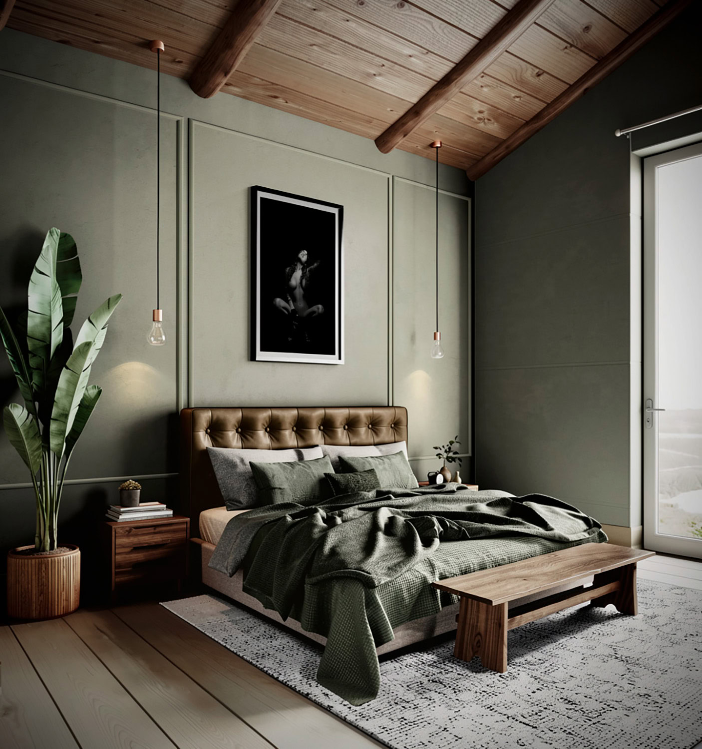 Elegant bedroom with green walls, wooden ceiling, and stylish lighting fixtures.
