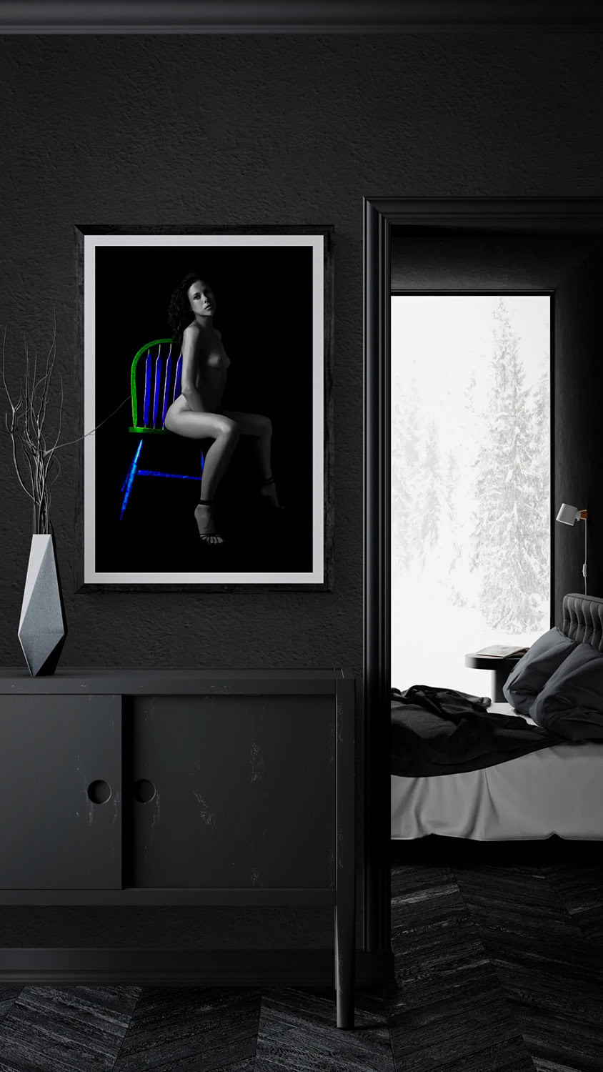 Modern black-and-white artwork of a seated woman with colorful chair accents.