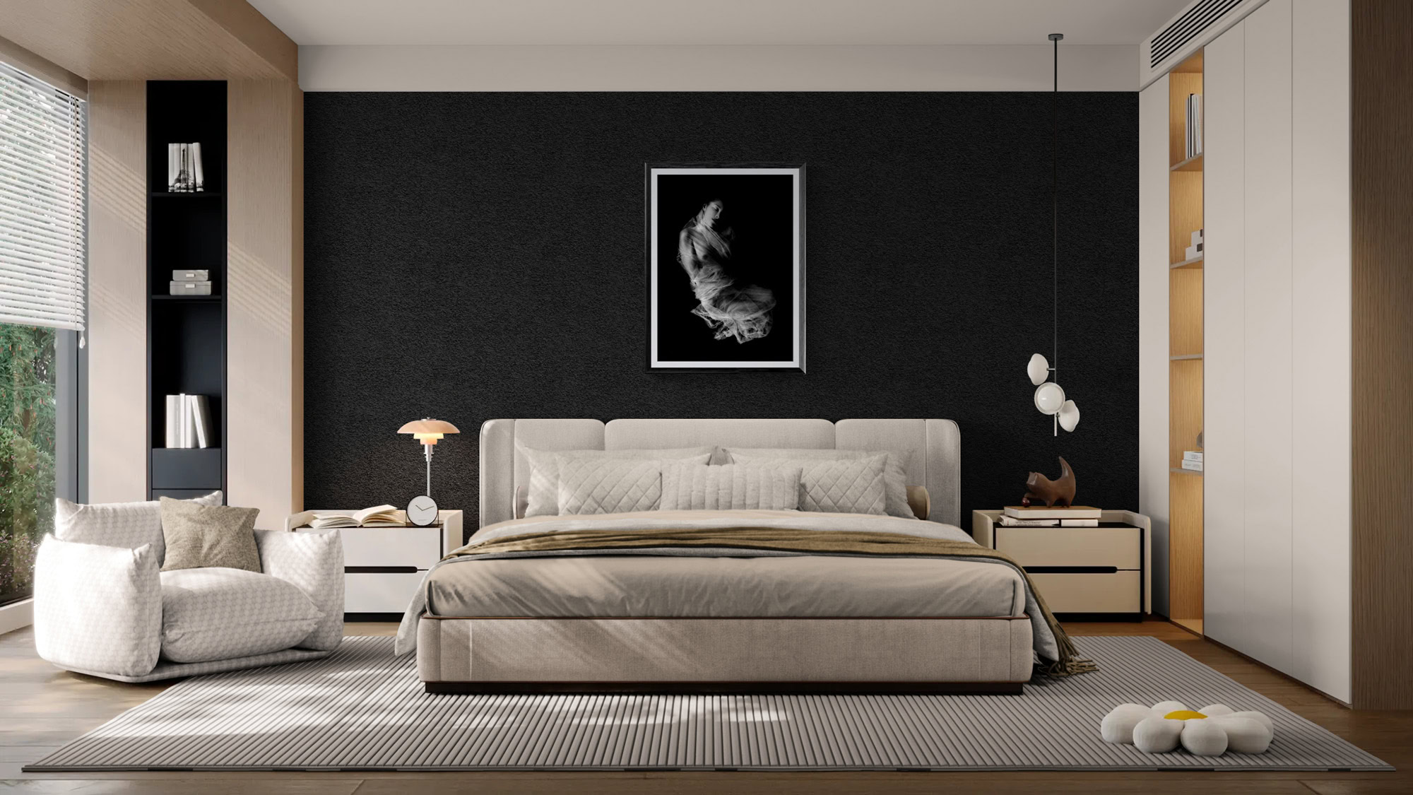 Image shows a stylish bedroom featuring a black accent wall, minimalist furniture, and elegant decor.