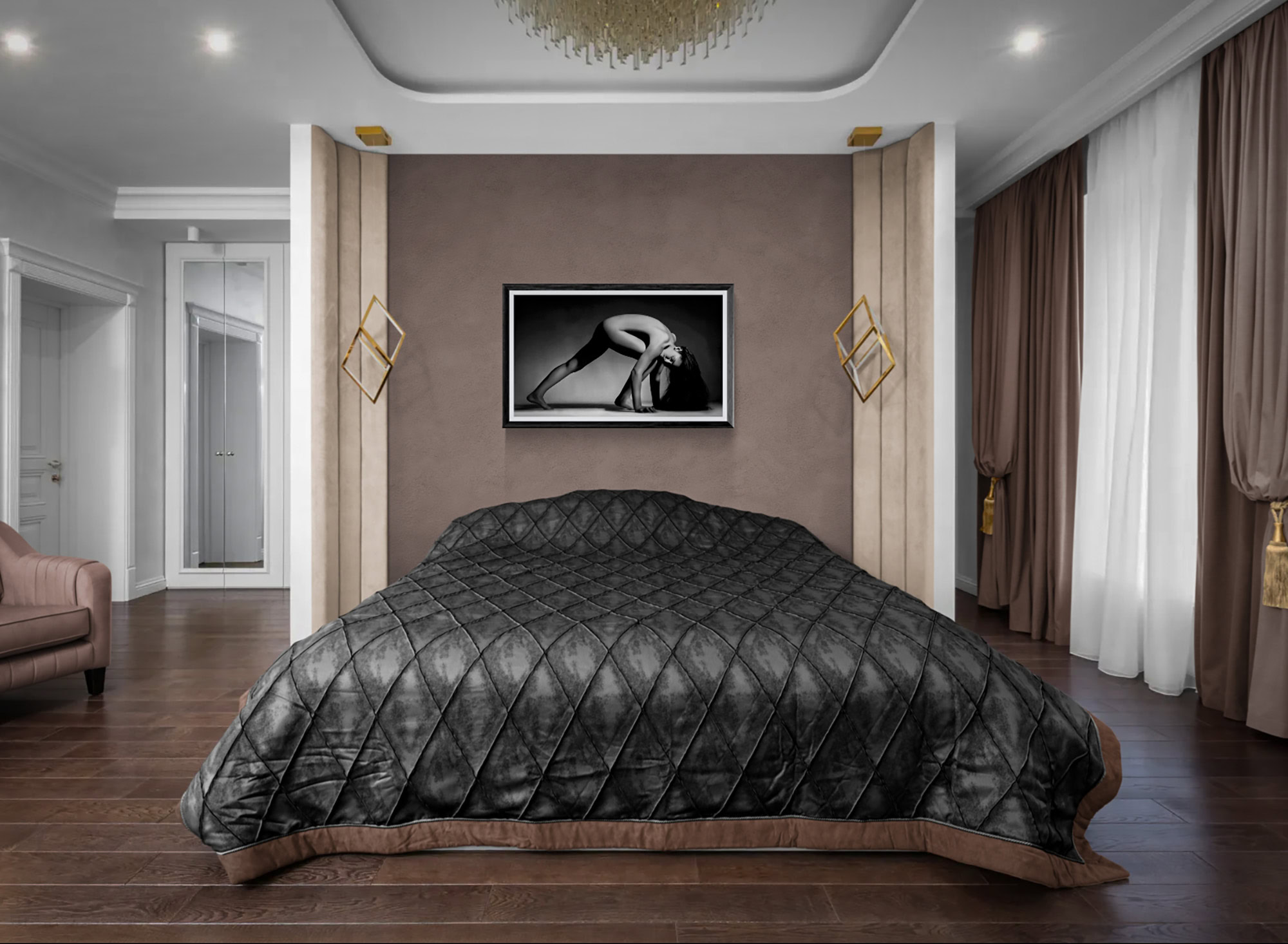 Elegant black and white nude photograph displayed in a luxurious bedroom setting.
