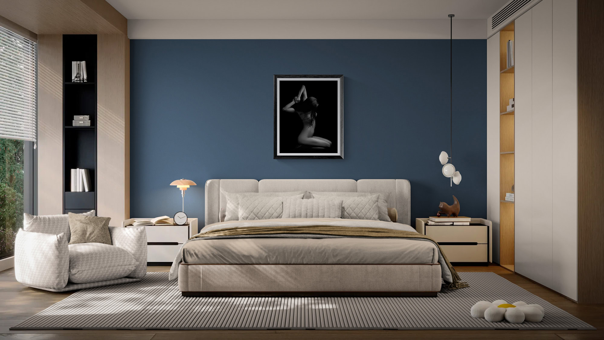 Elegant bedroom featuring a black and white artwork from the Doug Heslep Fine Art Collection.