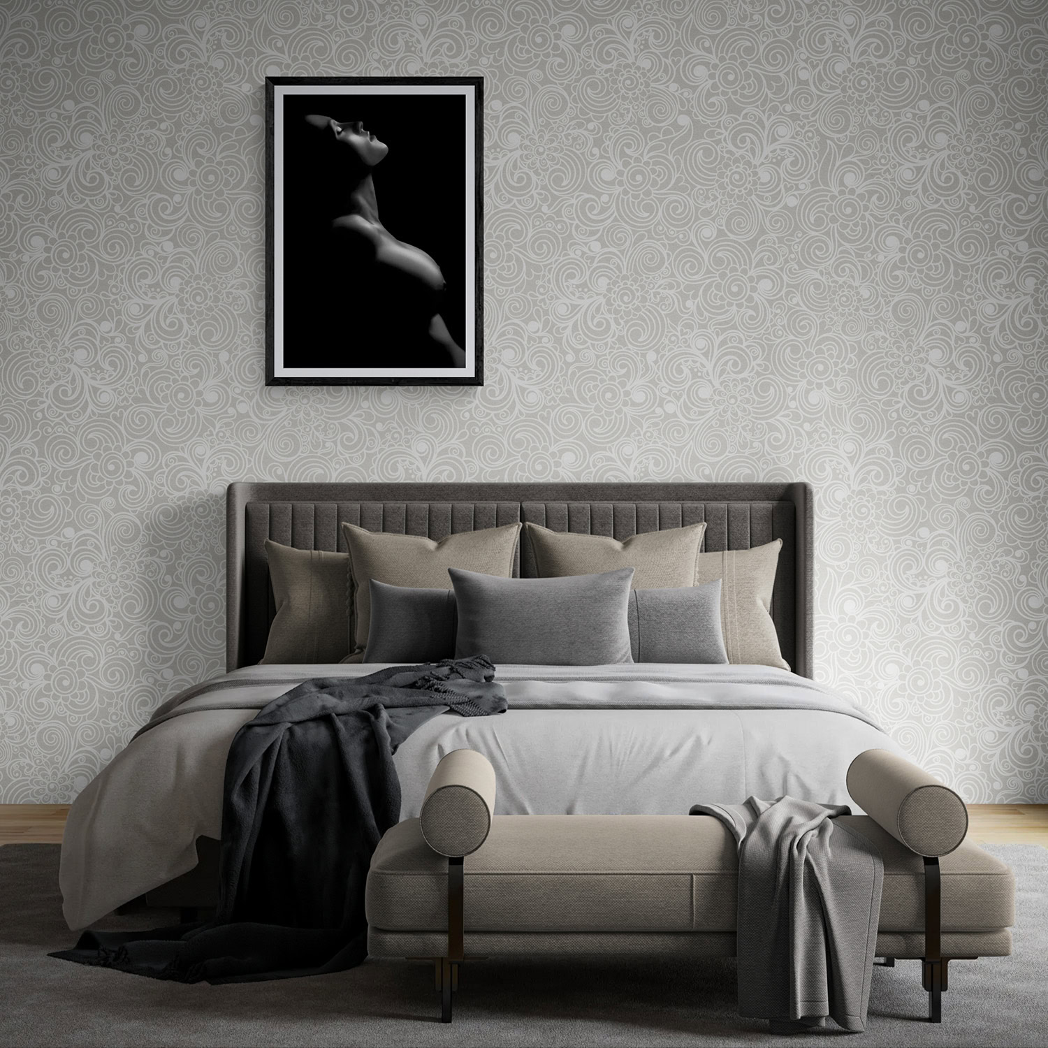 Nude art photograph in black and white, framed on a stylish bedroom wall.