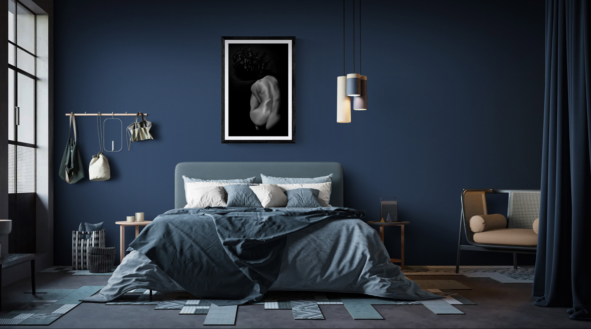 Elegant bedroom featuring contemporary art by Doug Heslep.