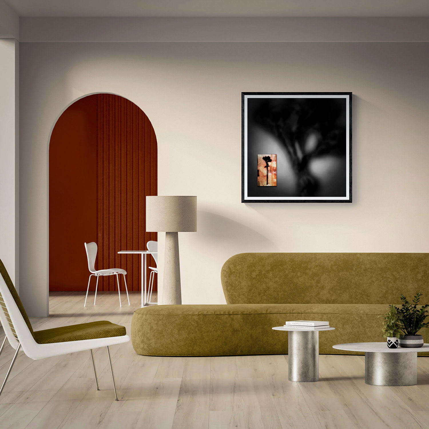Contemporary living room with abstract artwork and minimalist furniture.